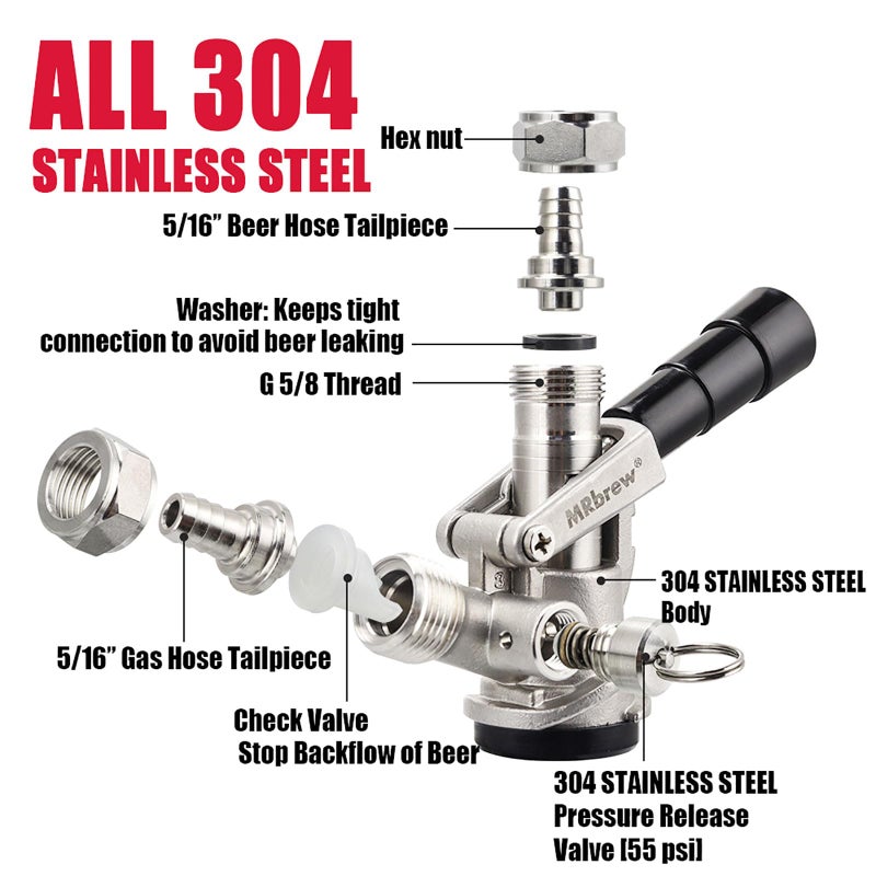 MRbrew All 304 Stainless Steel Keg Coupler, Commercial Sankey Kegerator D System Keg Tap Dispenser for I.D 5/16'' Draft Beer Line Gas Brewing Tubing with Check Valve Sealing Washer Hose Clamp - Image 3